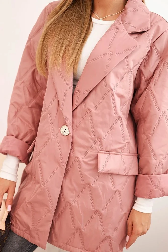 Moteriška Plus Size dygsniuota striukė su apykakle ir saga, tamsiai rožinė