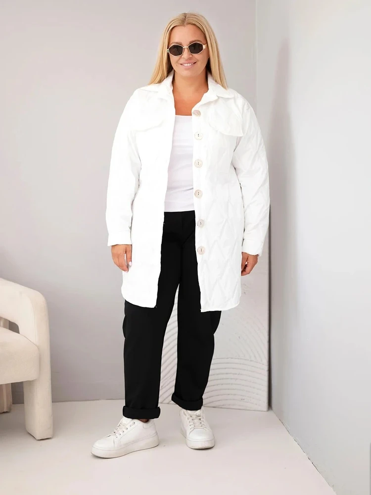 Moteriška Plus Size dygsniuota striukė su apykakle ir kišenėmis, balta