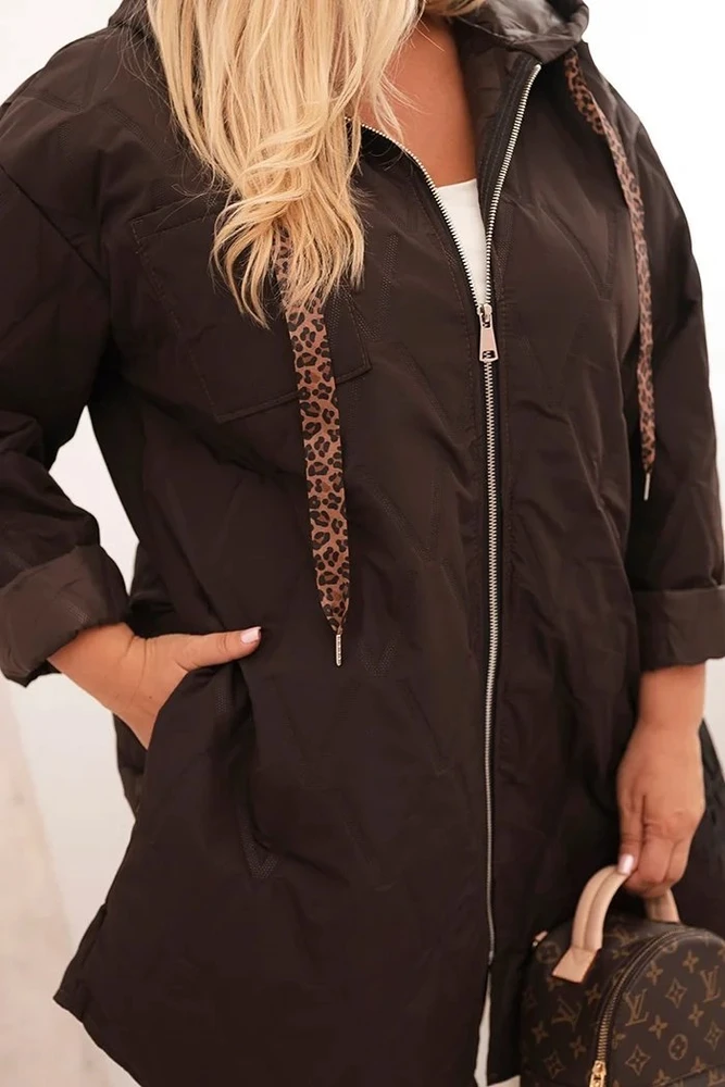 Moteriška Plus Size dygsniuota striukė su gobtuvu HOPE, rudos spalvos