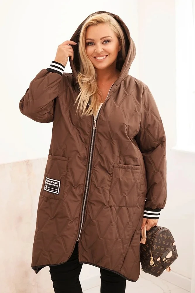 Moteriška Plus Size dygsniuota striukė su gobtuvu, ruda