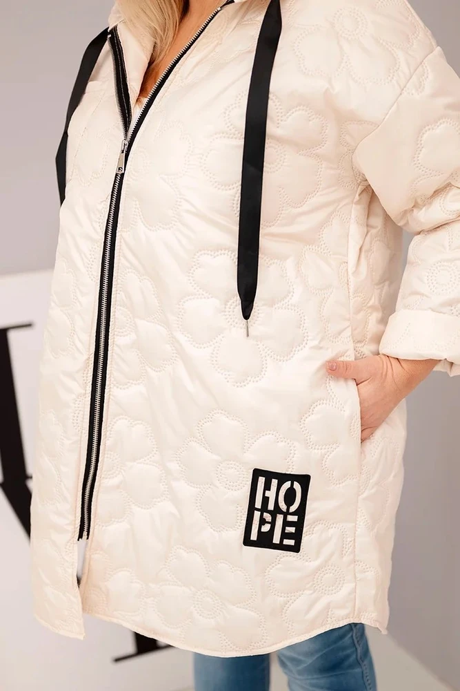 Moteriška Plus Size dygsniuota striukė su gobtuvu HOPE, šviesiai smėlio spalvos