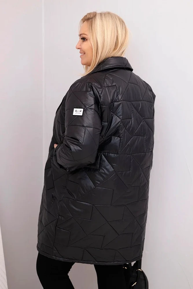 Moteriška Plus Size dygsniuota striukė su dekoratyvinėmis sagomis ir apykakle, juodos spalvos