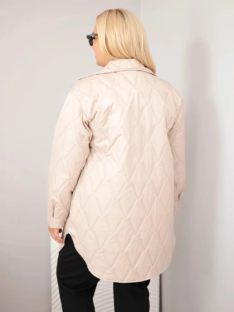 Moteriška Plus Size dygsniuota striukė su apykakle ir kišenėmis, tamsiai smėlio spalvos