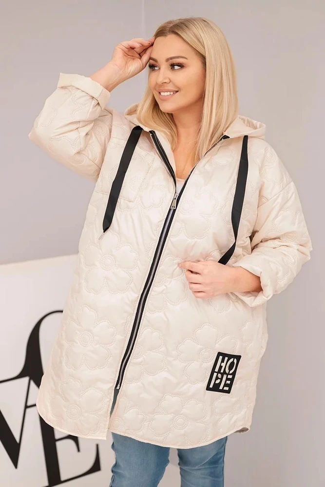 Moteriška Plus Size dygsniuota striukė su gobtuvu HOPE, šviesiai smėlio spalvos