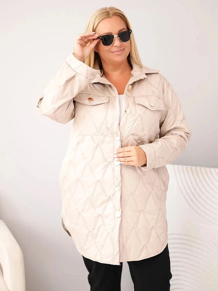 Moteriška Plus Size dygsniuota striukė su apykakle ir kišenėmis, tamsiai smėlio spalvos