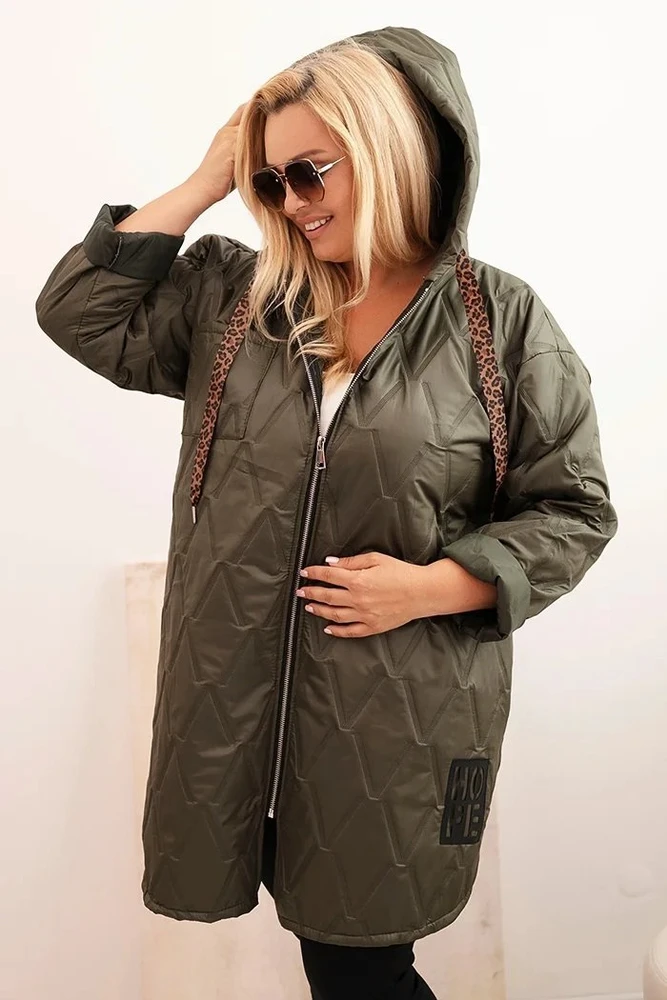 Moteriška Plus Size dygsniuota striukė su gobtuvu HOPE, chaki spalvos