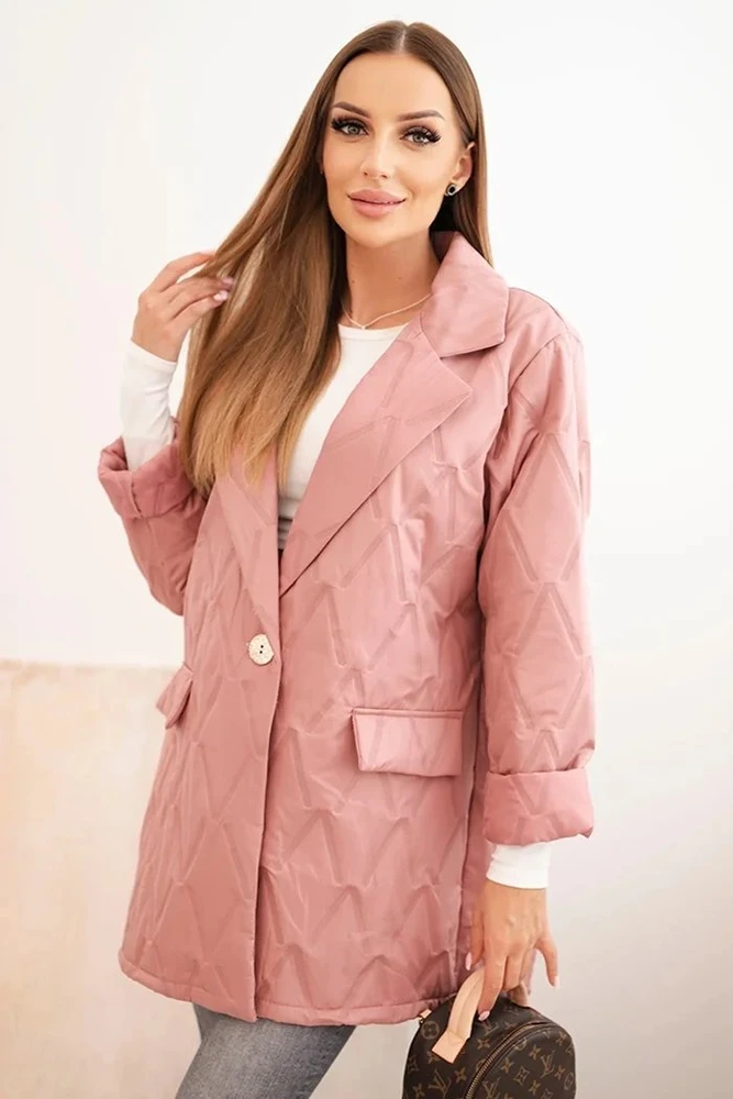 Moteriška Plus Size dygsniuota striukė su apykakle ir saga, tamsiai rožinė