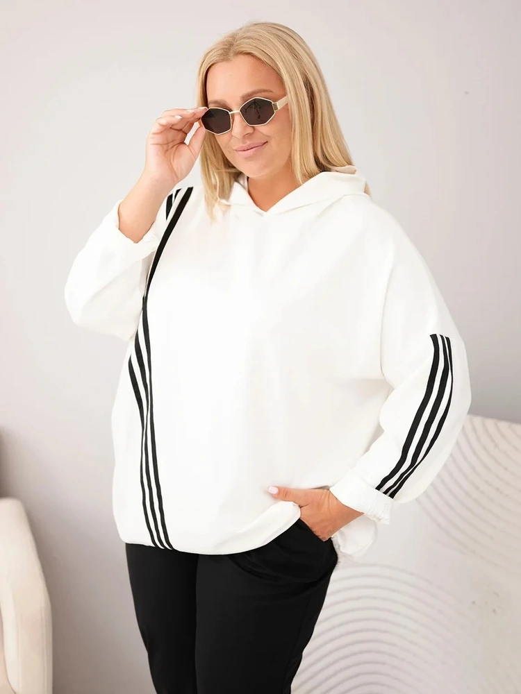 Moteriška Plus Size džemperis su gobtuvu ir dekoratyvinėmis juostomis, ekru spalvos