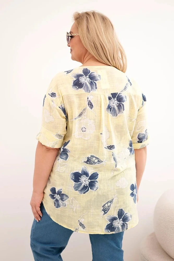 Moteriška Plus Size geltona gėlių rašto medvilninė palaidinė