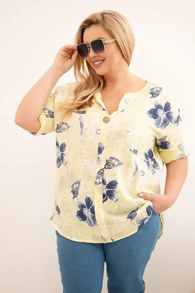 Moteriška Plus Size geltona gėlių rašto medvilninė palaidinė