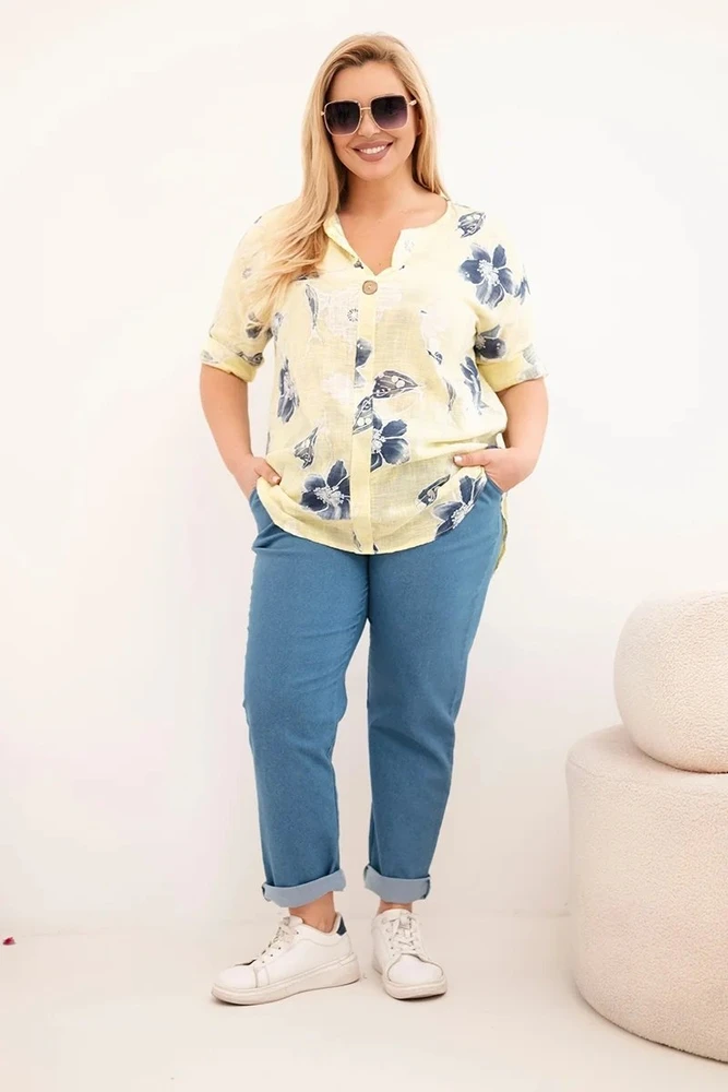 Moteriška Plus Size geltona gėlių rašto medvilninė palaidinė