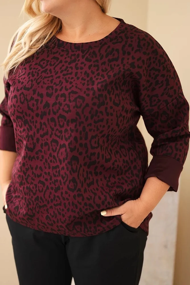 Moteriška Plus Size leopardo rašto palaidinė su ilgesne nugara, burgundiškos spalvos