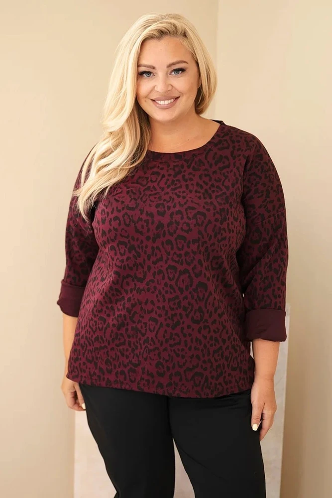Moteriška Plus Size leopardo rašto palaidinė su ilgesne nugara, burgundiškos spalvos