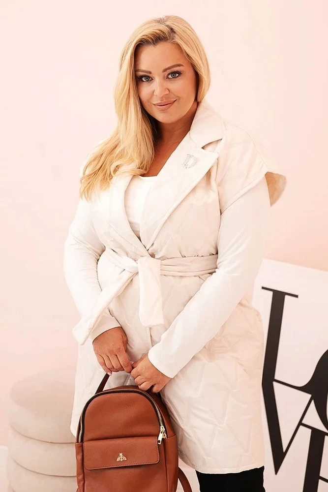 Moteriška Plus Size liemenė su diržu ir apykakle, šviesiai smėlio spalvos