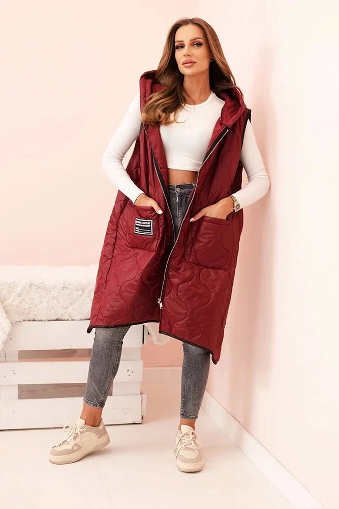 Moteriška Plus Size liemenė su gobtuvu, bordo spalvos