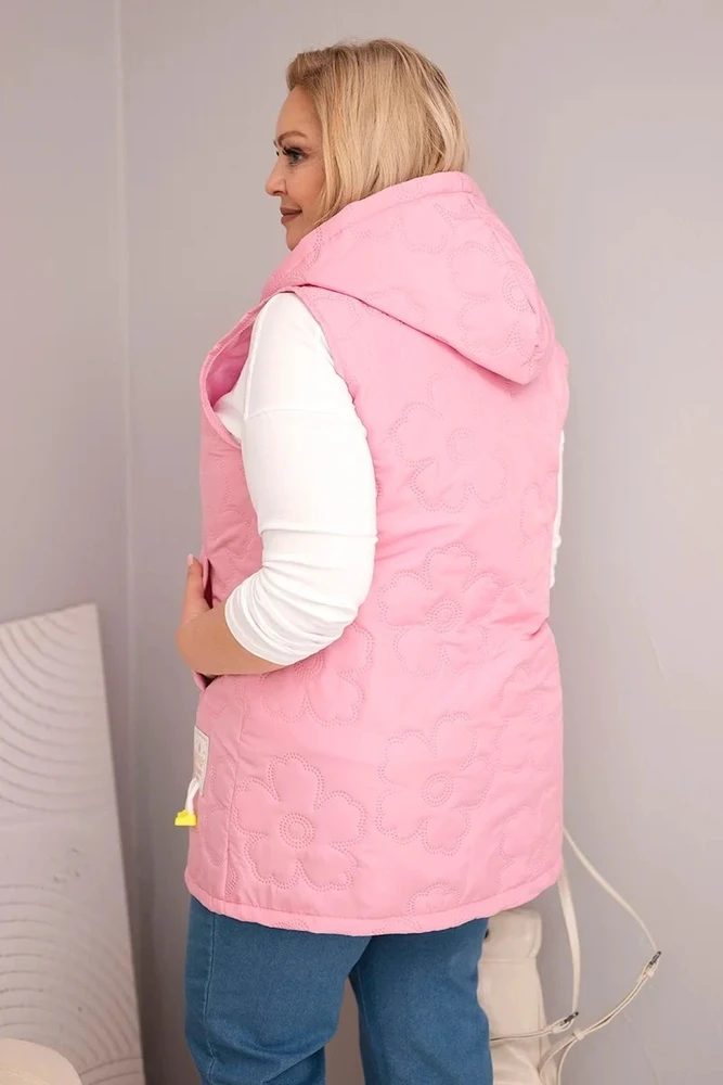 Moteriška Plus Size liemenė su gobtuvu ir gėlių dygsniavimu, šviesiai rožinė