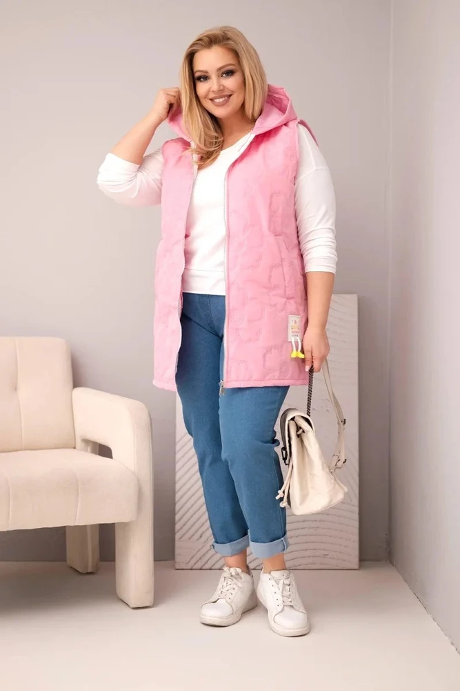 Moteriška Plus Size liemenė su gobtuvu ir gėlių dygsniavimu, šviesiai rožinė