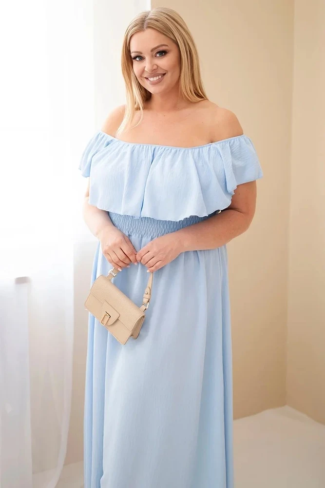 Moteriška Plus Size maksi suknelė su raukiniais ir elastingu juosmeniu, mėlyna