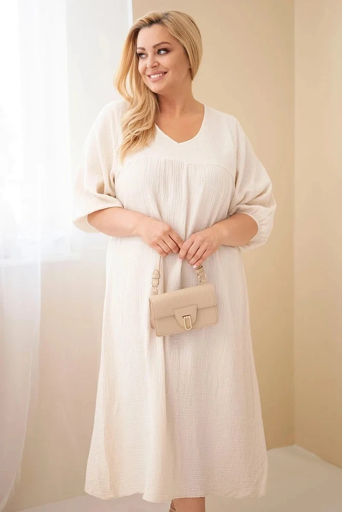 Moteriška Plus Size medvilninė muilinė suknelė su V formos iškirpte, smėlio spalvos