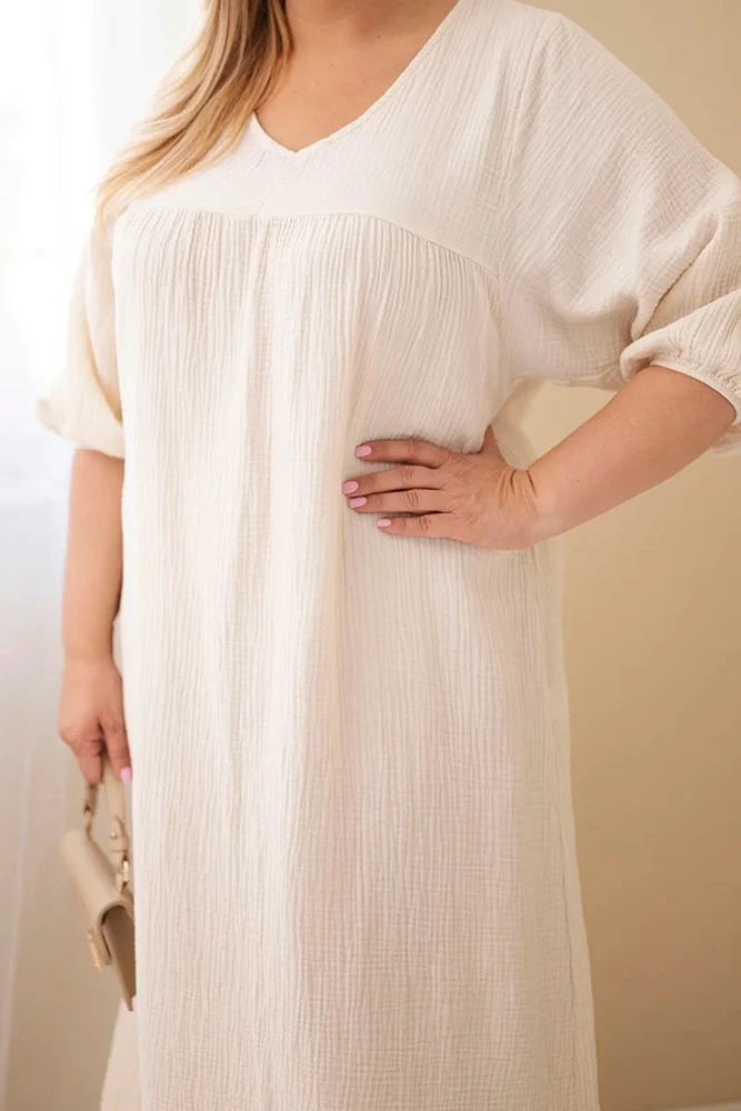 Moteriška Plus Size medvilninė muilinė suknelė su V formos iškirpte, smėlio spalvos