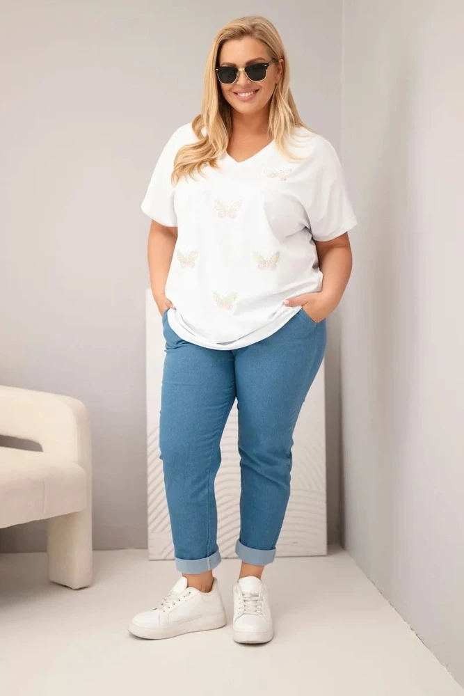 Moteriška Plus Size medvilninė palaidinė su drugelio aplikacijomis, balta