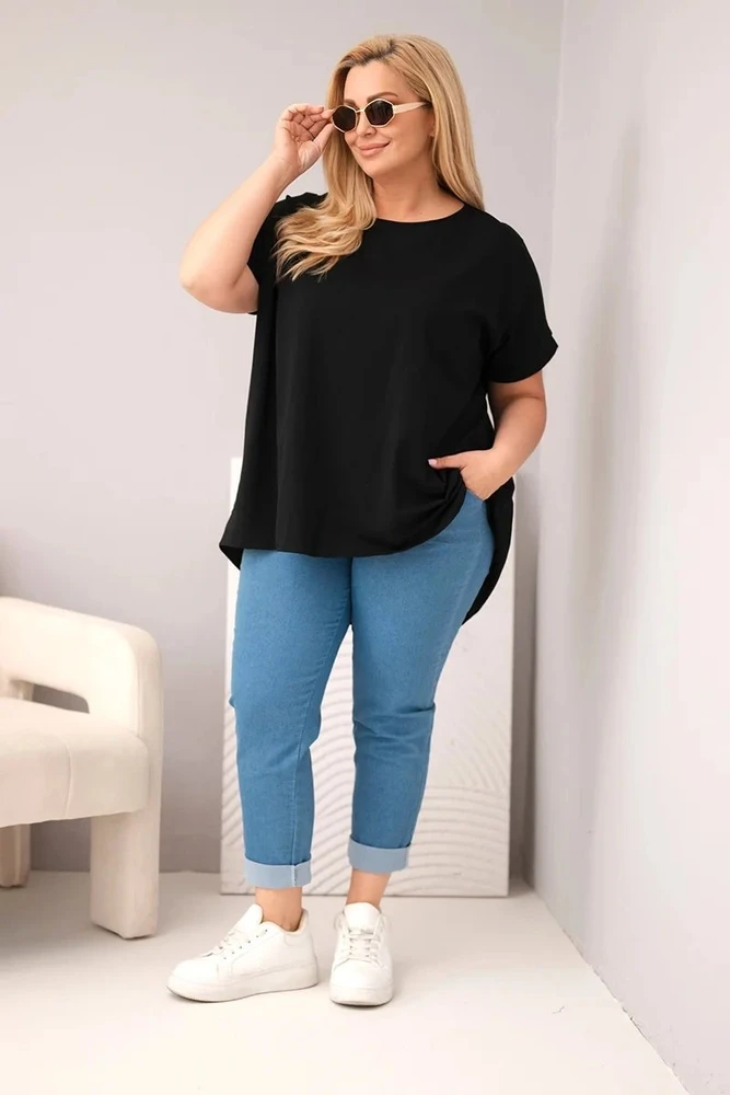 Moteriška Plus Size medvilninė palaidinė trumpomis rankovėmis, juoda