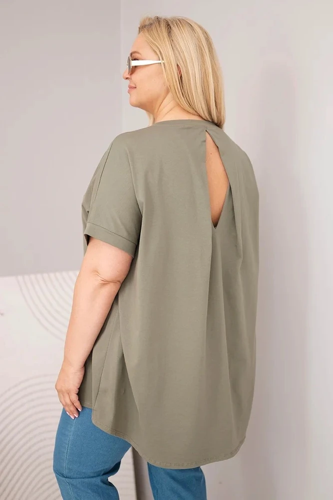 Moteriška Plus Size medvilninė palaidinė trumpomis rankovėmis, chaki spalvos