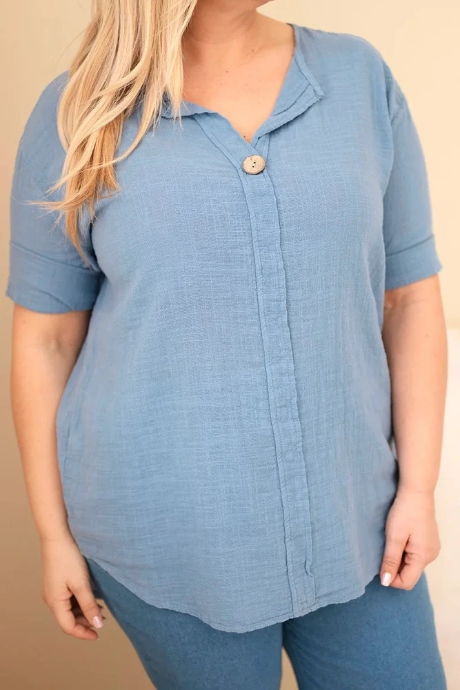 Moteriška Plus Size medvilninė palaidinė su sagute, džinso mėlynos spalvos