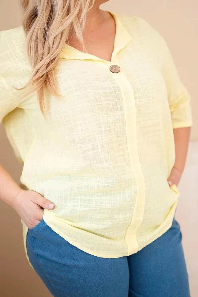 Moteriška Plus Size medvilninė palaidinė su sagute, geltonos spalvos