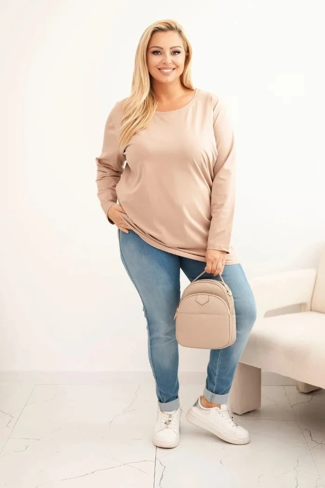Moteriška Plus Size medvilninė palaidinė su apvalia iškirpte, kapučino spalvos