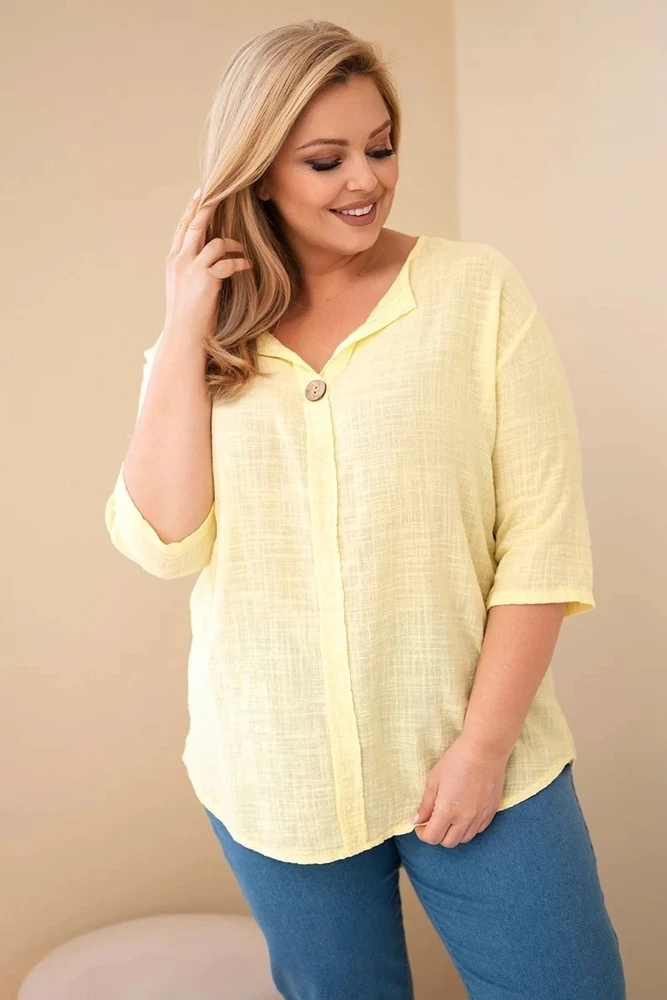 Moteriška Plus Size medvilninė palaidinė su sagute, geltonos spalvos