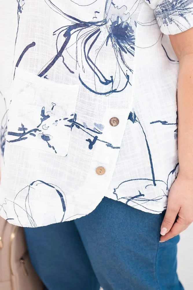 Moteriška Plus Size medvilninė palaidinė trumpomis rankovėmis su kišenėle, balta