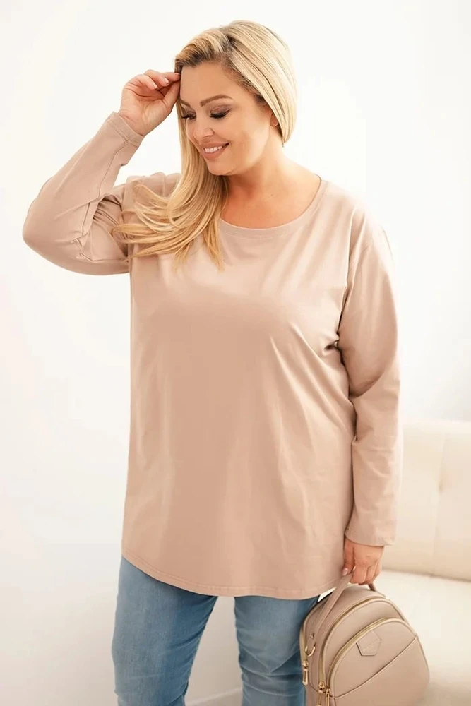 Moteriška Plus Size medvilninė palaidinė su apvalia iškirpte, kapučino spalvos