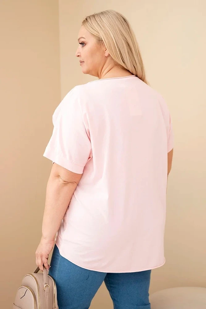 Moteriška Plus Size medvilninė palaidinė su siuvinėtomis gėlėmis, šviesiai rožinė