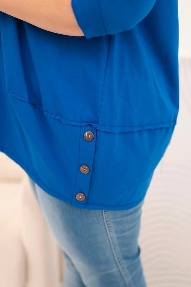 Moteriška Plus Size medvilninė palaidinė su dekoratyvinėmis sagomis, kobalto mėlynos spalvos
