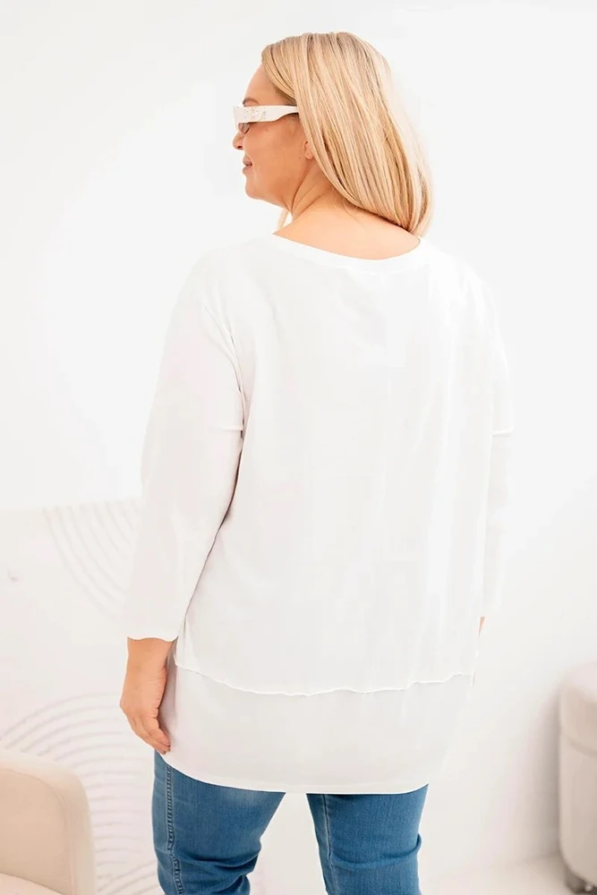 Moteriška Plus Size medvilninė palaidinė su dekoratyvinėmis sagomis, ekru spalvos