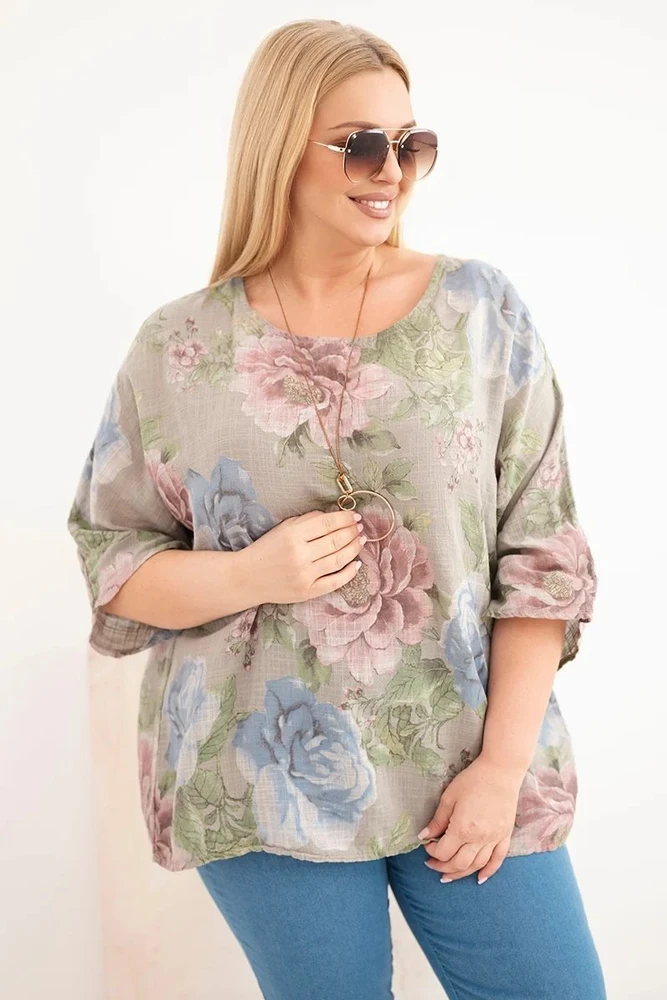 Moteriška Plus Size medvilninė palaidinė trumpomis rankovėmis su gėlių raštu, fango spalvos