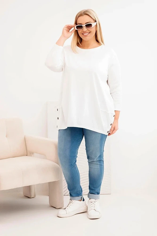 Moteriška Plus Size medvilninė palaidinė su dekoratyvinėmis sagomis, ekru spalvos
