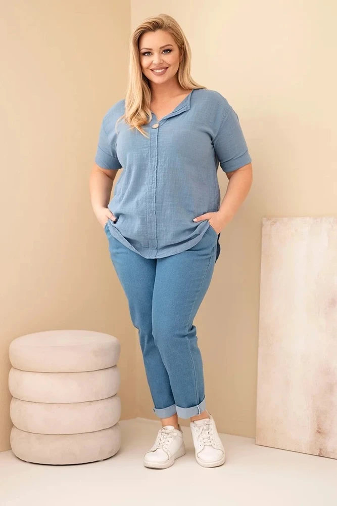 Moteriška Plus Size medvilninė palaidinė su sagute, džinso mėlynos spalvos
