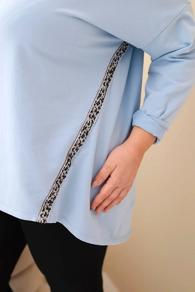 Moteriška Plus Size medvilninė palaidinė su leopardinėmis juostomis, mėlynos spalvos