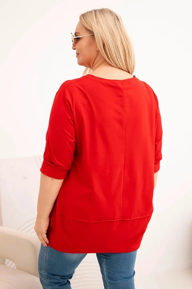 Moteriška Plus Size medvilninė palaidinė su dekoratyvinėmis sagomis, raudonos spalvos