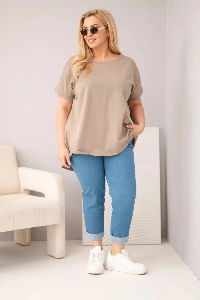 Moteriška Plus Size medvilninė palaidinė trumpomis rankovėmis, fango spalvos
