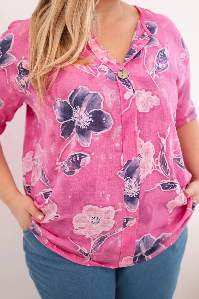 Moteriška Plus Size medvilninė palaidinė su gėlių raštu, rožinės spalvos
