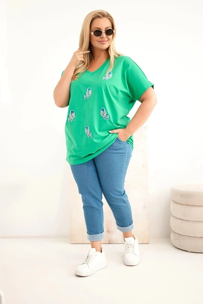 Moteriška Plus Size medvilninė palaidinė su plunksnų aplikacijomis, žalia