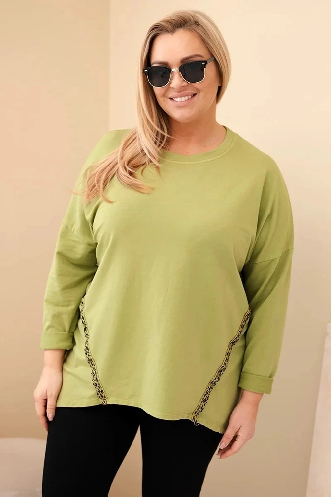 Moteriška Plus Size medvilninė palaidinė su leopardo rašto detalėmis, alyvuogių spalvos