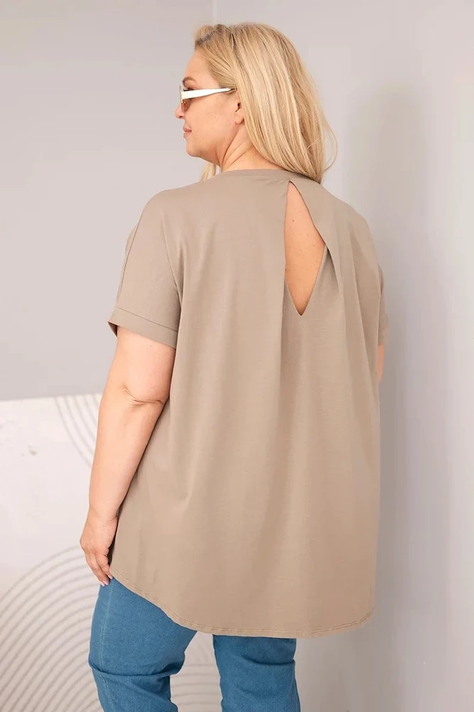 Moteriška Plus Size medvilninė palaidinė trumpomis rankovėmis, fango spalvos
