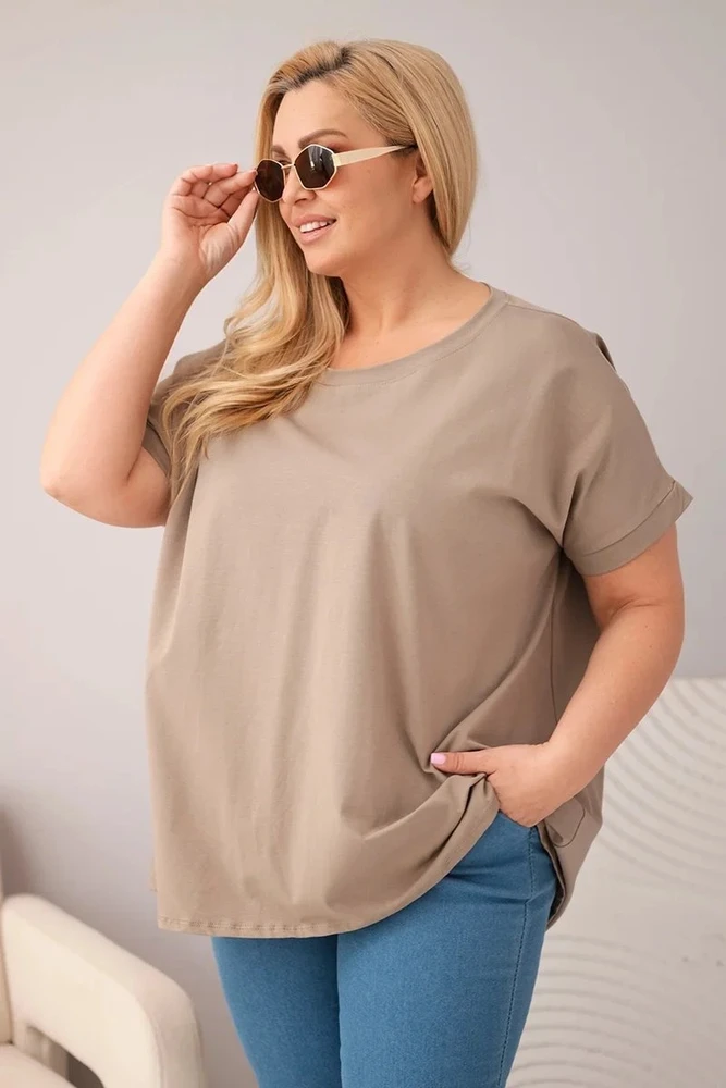 Moteriška Plus Size medvilninė palaidinė trumpomis rankovėmis, fango spalvos
