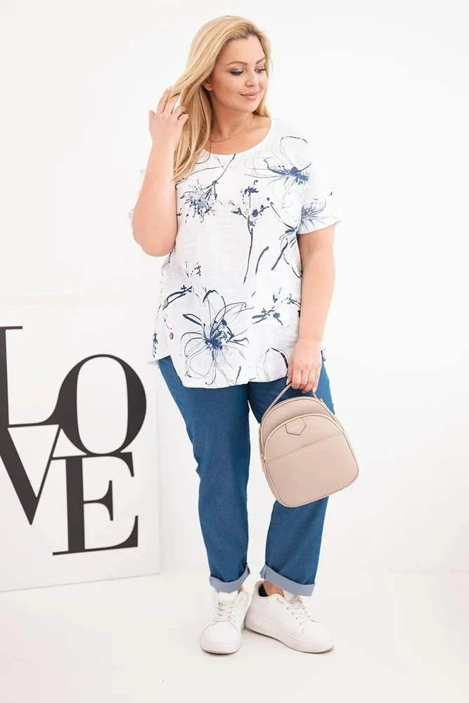 Moteriška Plus Size medvilninė palaidinė trumpomis rankovėmis su kišenėle, balta