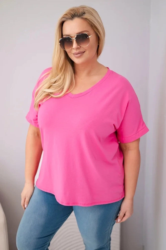 Moteriška Plus Size medvilninė palaidinė su V formos iškirpte, rožinės spalvos
