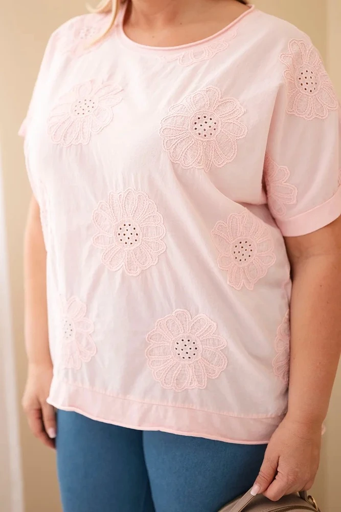 Moteriška Plus Size medvilninė palaidinė su siuvinėtomis gėlėmis, šviesiai rožinė
